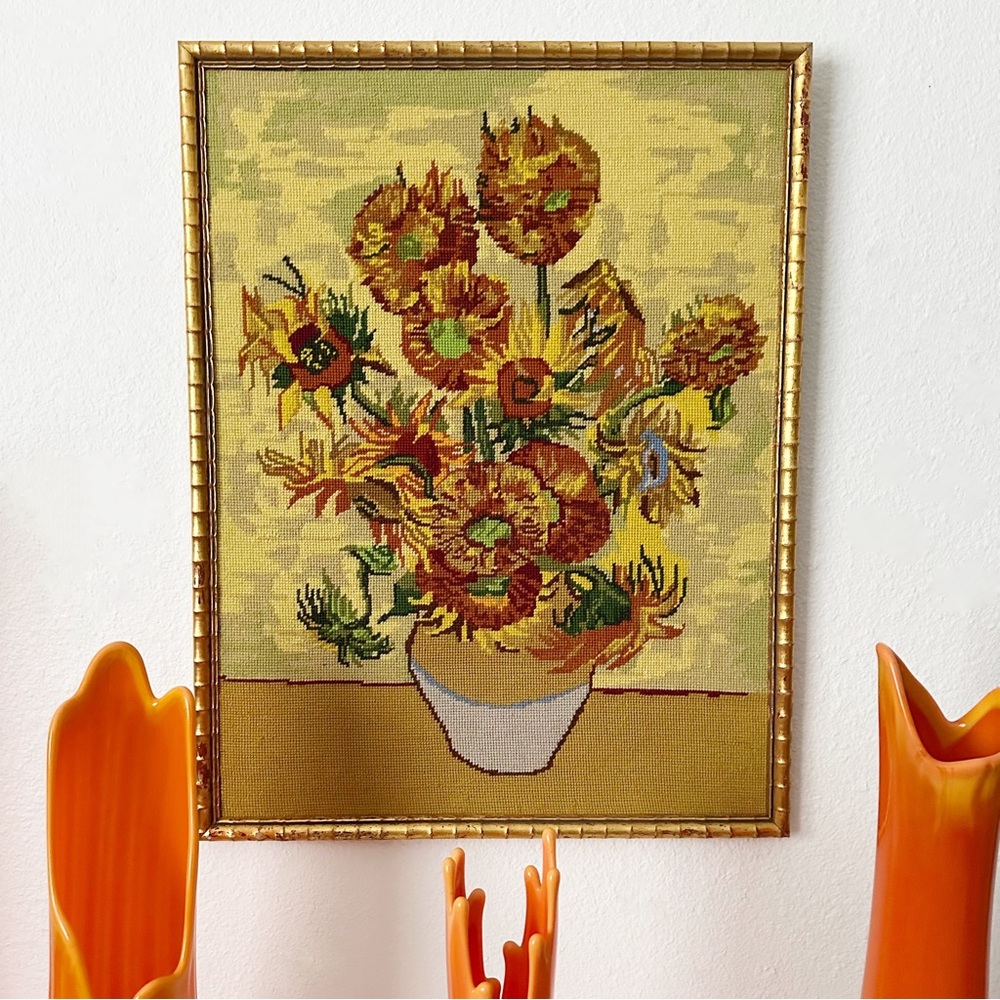 SOLD on ℹ️ | Vintage MCM 1970’s Retro Sunflower Crewel Embroidery Needlepoint